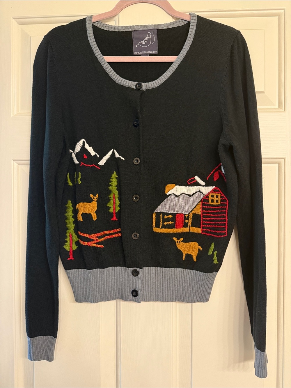 Black Embroidered Winter Cabin Cardigan Sweater by Knitted Dove